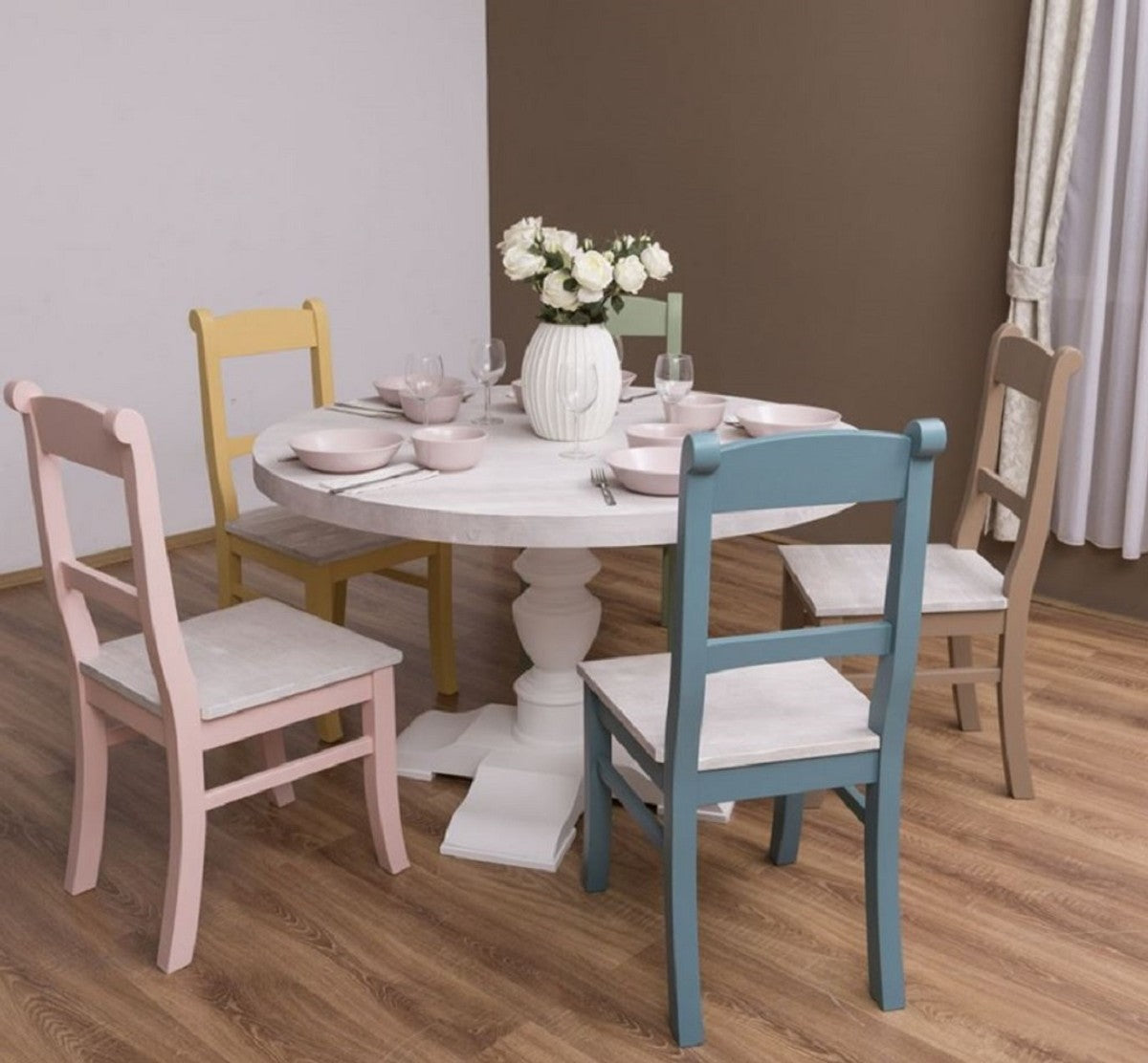 Landhausstil Esszimmer Möbel Set Hellgrau / Bunt - 1 Esstisch & 5 Esszimmerstühle - Massivholz Esszimmer Möbel - Landhausstil Möbel