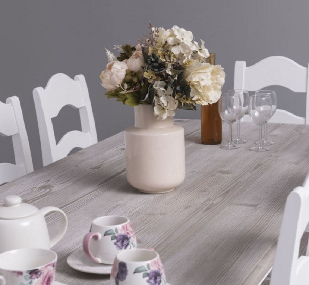 Landhausstil Esszimmer Möbel Set Weiß / Naturfarben - 1 Landhausstil Esstisch & 8 Landhausstil Esszimmerstühle - Massivholz Esszimmer Möbel - Landhausstil Esszimmer Möbel