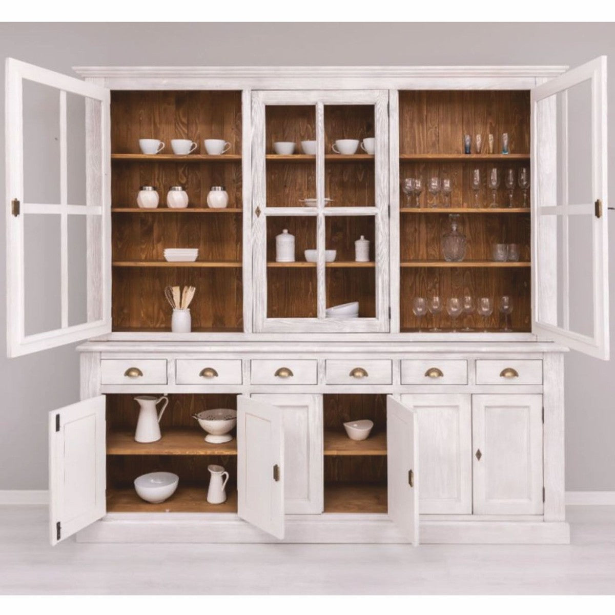 Landhausstil Esszimmer Schrank Hellgrau / Braun 245 cm - Esszimmer Möbel