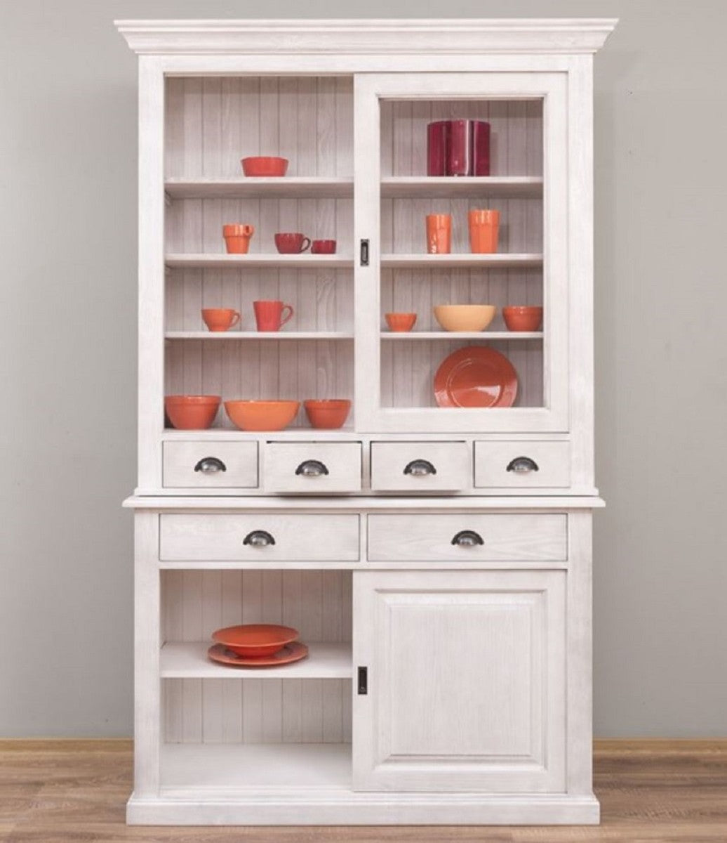 Landhausstil Esszimmerschrank Hellgrau 142 x 48 x H. 225 cm - Massivholz Küchenschrank - Landhausstil Esszimmer Möbel