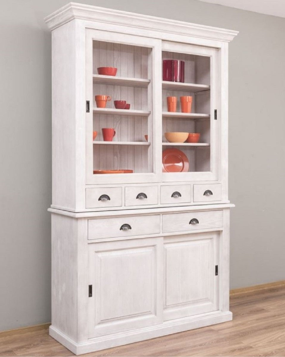 Landhausstil Esszimmerschrank Hellgrau 142 x 48 x H. 225 cm - Massivholz Küchenschrank - Landhausstil Esszimmer Möbel