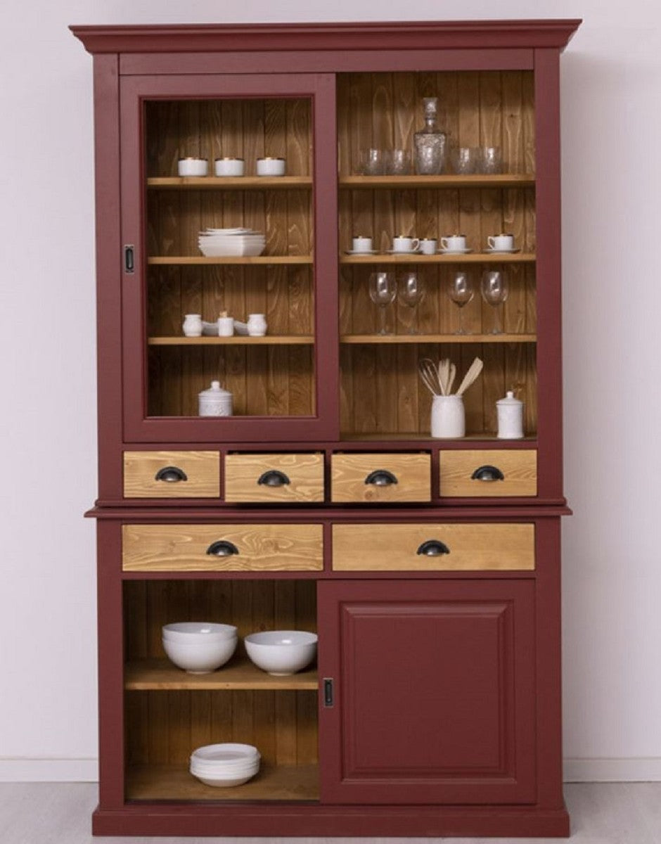 Landhausstil Esszimmerschrank Bordeauxrot / Naturfarben 142 x 48 x H. 225 cm - Massivholz Küchenschrank - Landhausstil Esszimmer Möbel