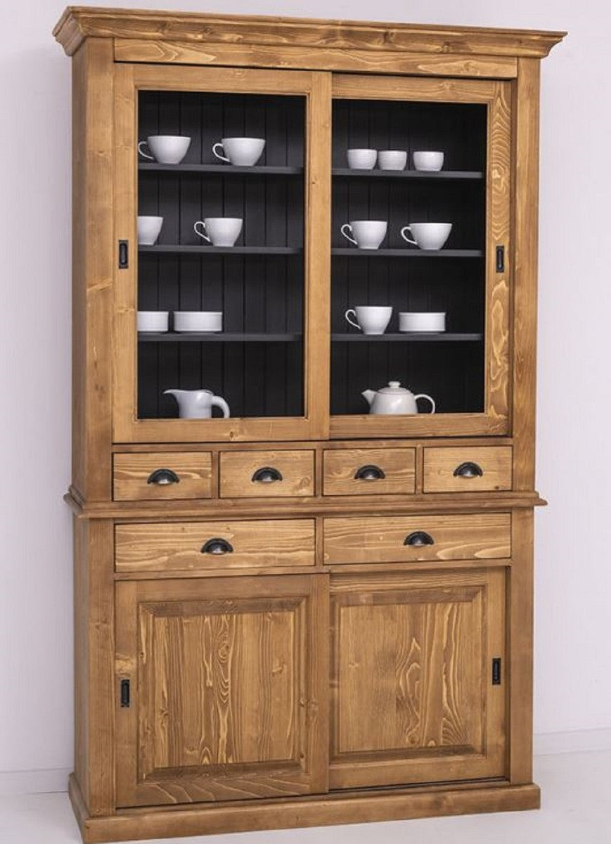 Landhausstil Esszimmerschrank Braun / schwarz 142 x 48 x H. 225 cm - Massivholz Küchenschrank - Landhausstil Esszimmer Möbel