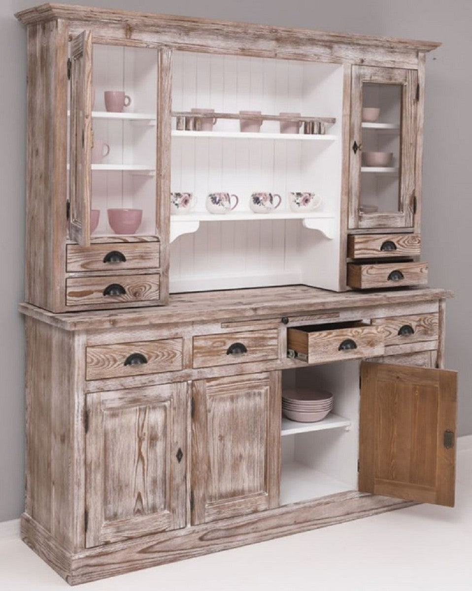 Landhausstil Esszimmerschrank Braun / Weiß 180 x 50 x H. 197 cm - Massivholz Küchenschrank - Esszimmermöbel im Landhausstil - Landhausstil Esszimmer Einrichtung