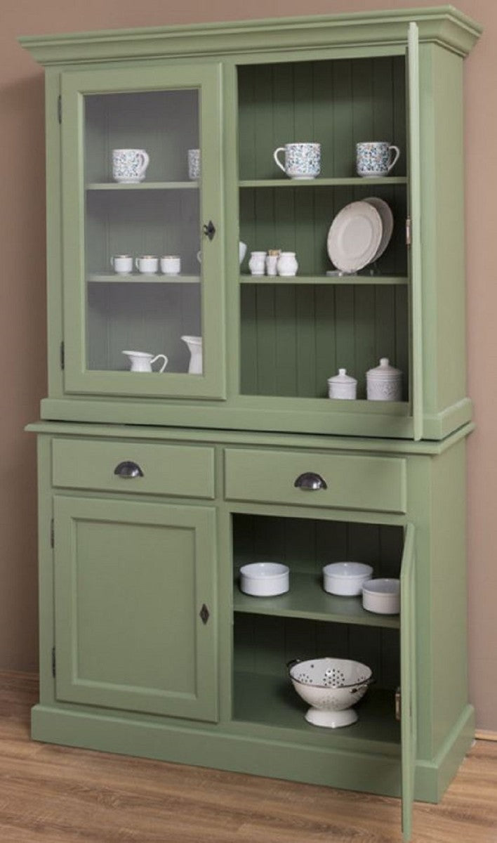 Landhausstil Esszimmerschrank Grün 126 x 45 x H. 200 cm - Massivholz Küchenschrank - Esszimmermöbel im Landhausstil - Landhausstil Einrichtung - Esszimmer Einrichtung