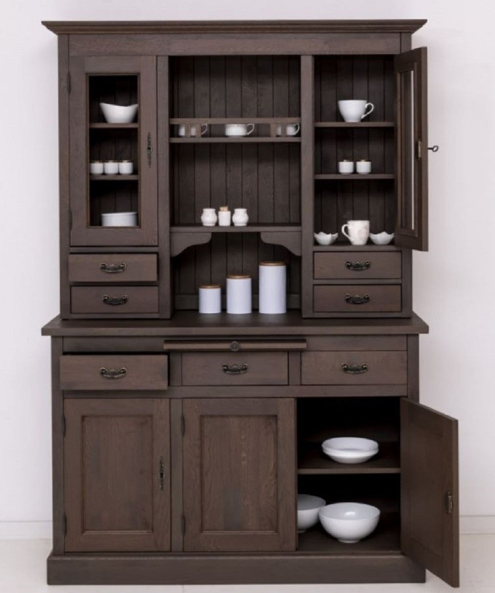 Landhausstil Esszimmerschrank Dunkelbraun 138 x 50 x H. 197 cm - Massivholz Küchenschrank - Esszimmer Möbel im Landhausstil - Landhausstil Esszimmer Einrichtung