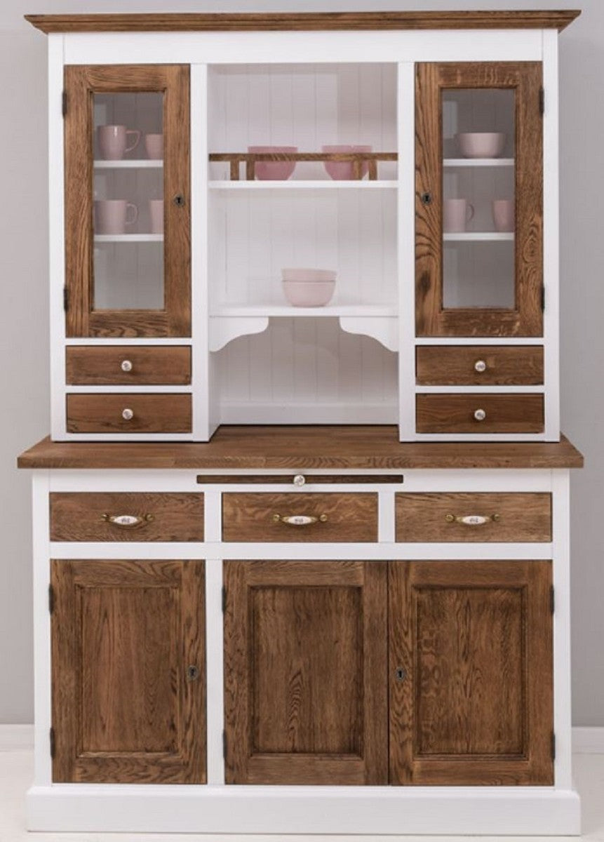 Landhausstil Esszimmerschrank Weiß / Dunkelbraun 137 x 50 x H. 197 cm - Massivholz Küchenschrank - Esszimmer Möbel im Landhausstil - Landhausstil Esszimmer Einrichtung