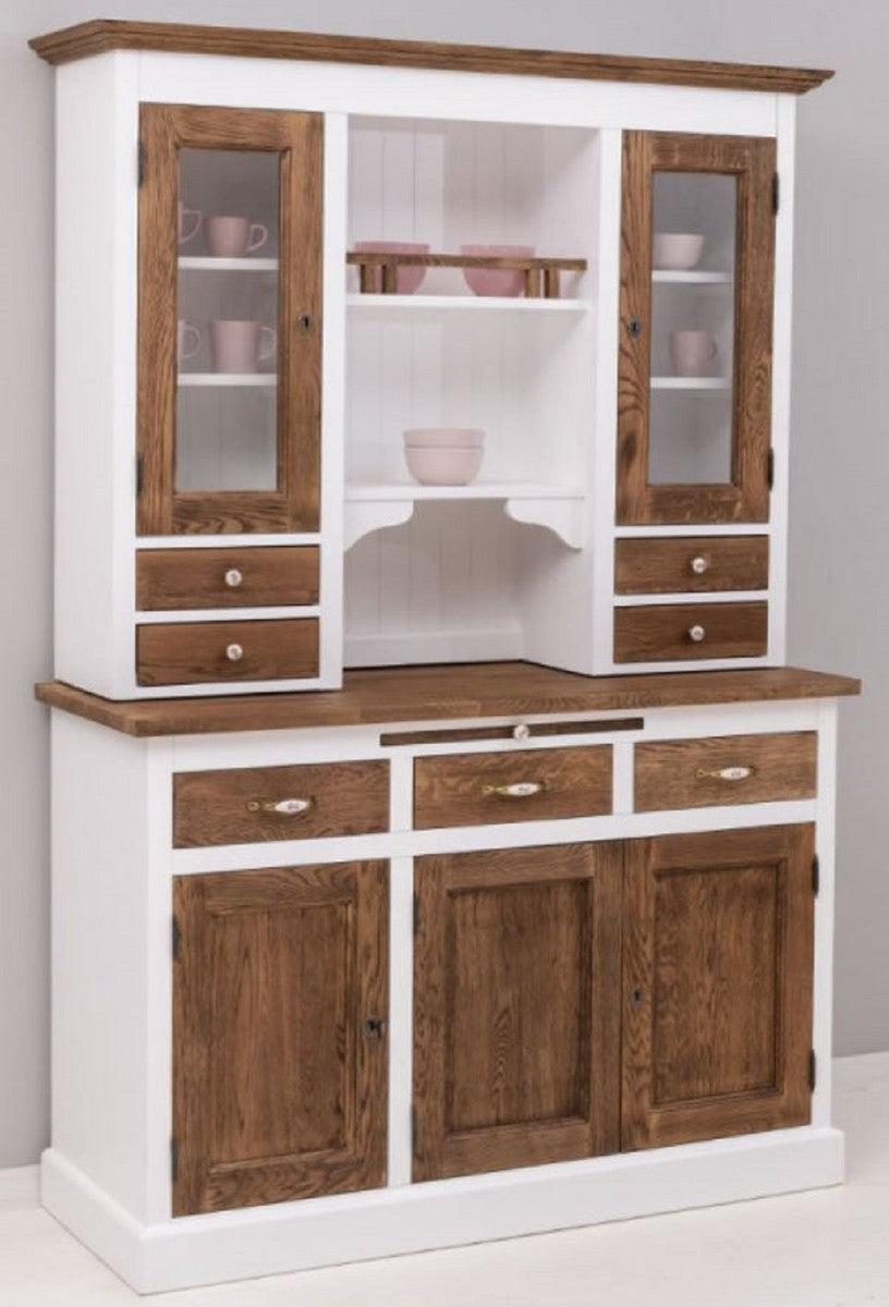 Landhausstil Esszimmerschrank Weiß / Dunkelbraun 137 x 50 x H. 197 cm - Massivholz Küchenschrank - Esszimmer Möbel im Landhausstil - Landhausstil Esszimmer Einrichtung