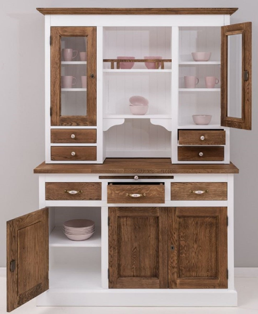Landhausstil Esszimmerschrank Weiß / Dunkelbraun 137 x 50 x H. 197 cm - Massivholz Küchenschrank - Esszimmer Möbel im Landhausstil - Landhausstil Esszimmer Einrichtung