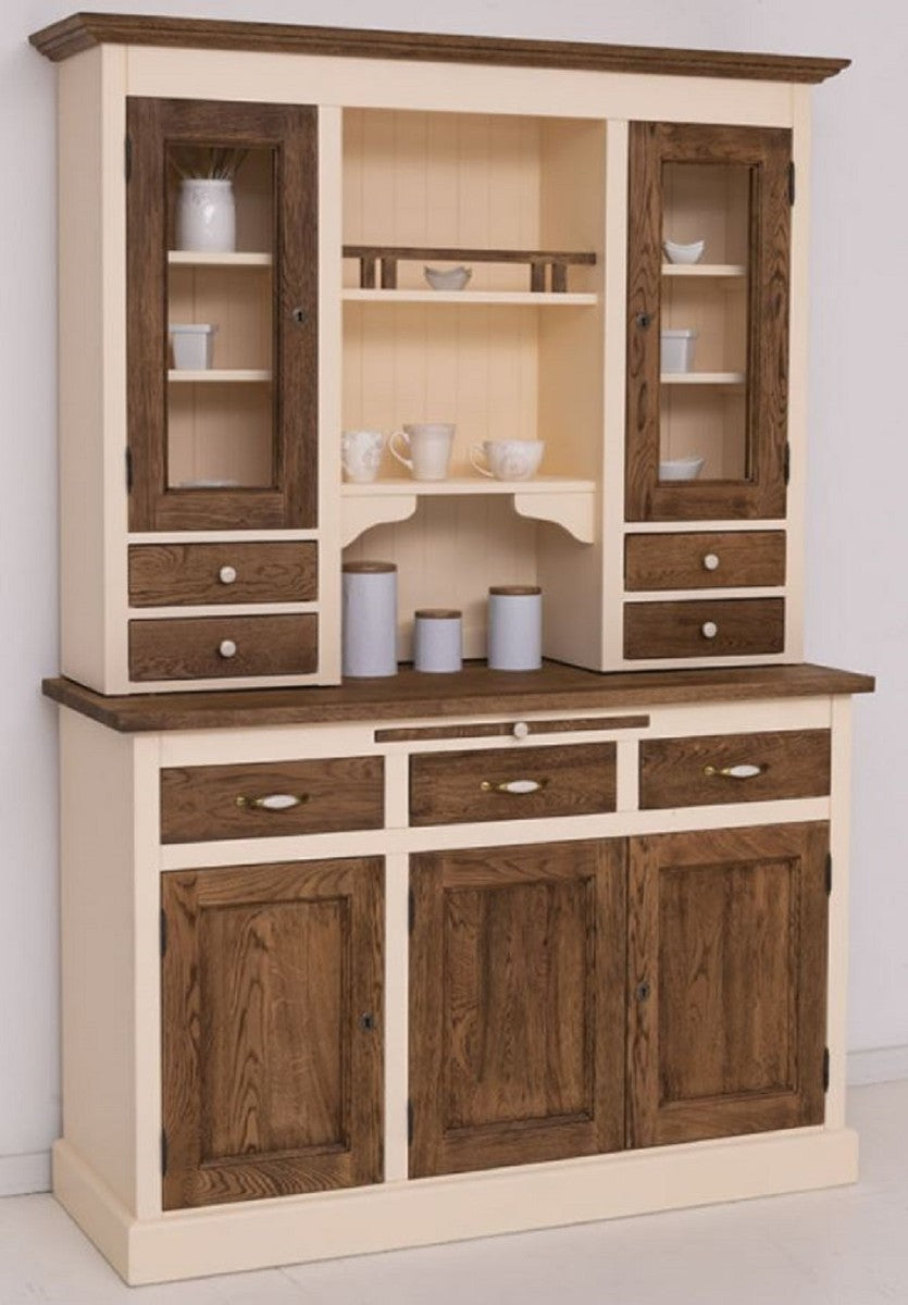 Landhausstil Esszimmerschrank Creme / Dunkelbraun 137 x 50 x H. 197 cm - Massivholz Küchenschrank - Esszimmer Möbel im Landhausstil - Landhausstil Esszimmer Einrichtung