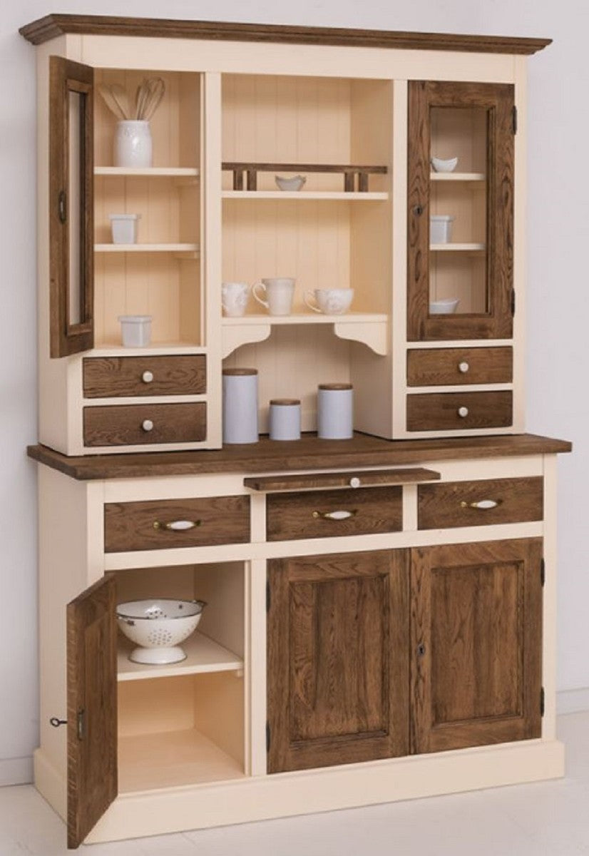 Landhausstil Esszimmerschrank Creme / Dunkelbraun 137 x 50 x H. 197 cm - Massivholz Küchenschrank - Esszimmer Möbel im Landhausstil - Landhausstil Esszimmer Einrichtung