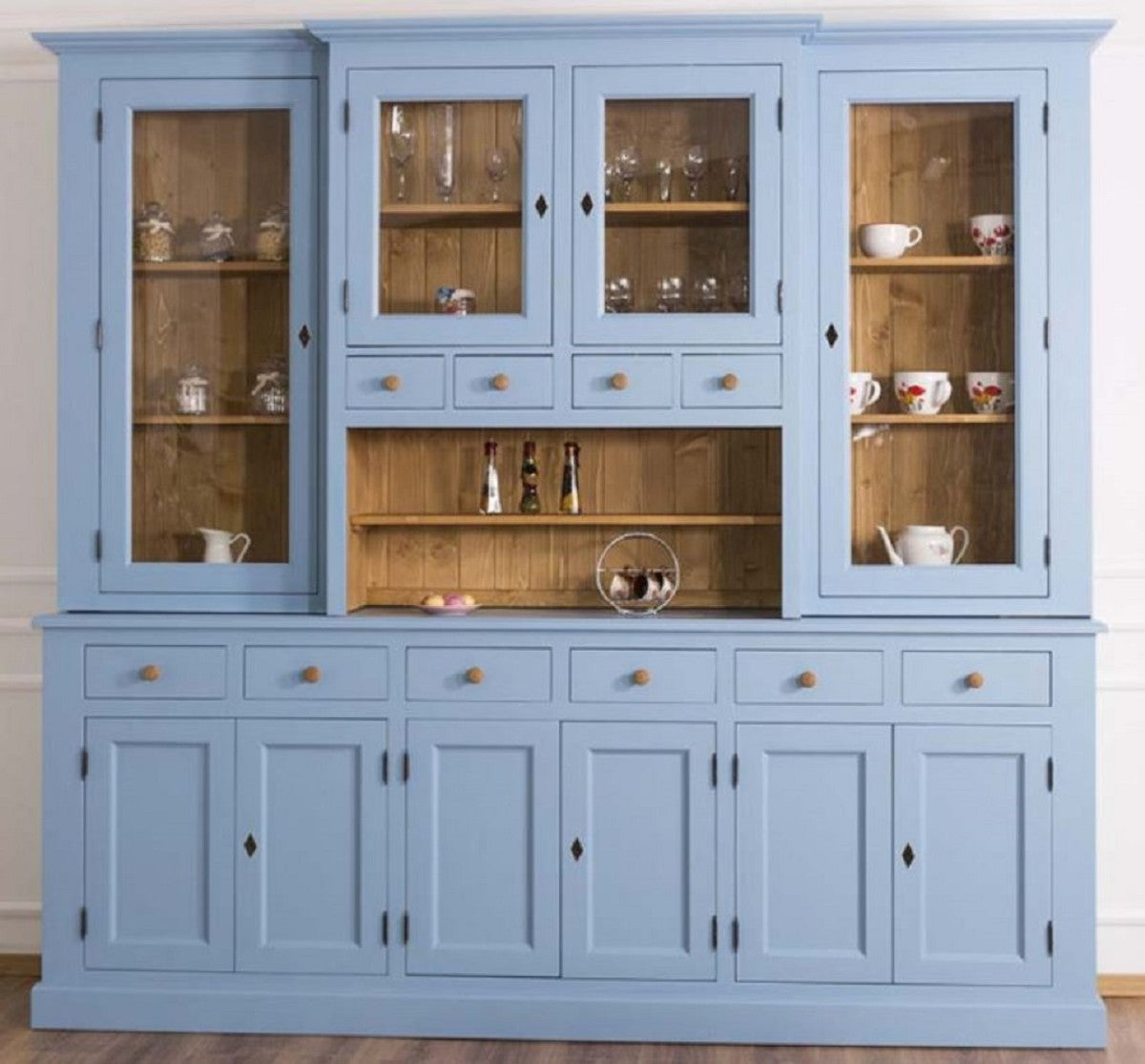 Landhausstil Esszimmerschrank Hellblau / Naturfarben 245 x 47 x H. 225 cm - Massivholz Küchenschrank - Esszimmer Möbel im Landhausstil - Landhausstil Esszimmer Einrichtung