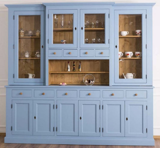 Landhausstil Esszimmerschrank Hellblau / Naturfarben 245 x 47 x H. 225 cm - Massivholz Küchenschrank - Esszimmer Möbel im Landhausstil - Landhausstil Esszimmer Einrichtung