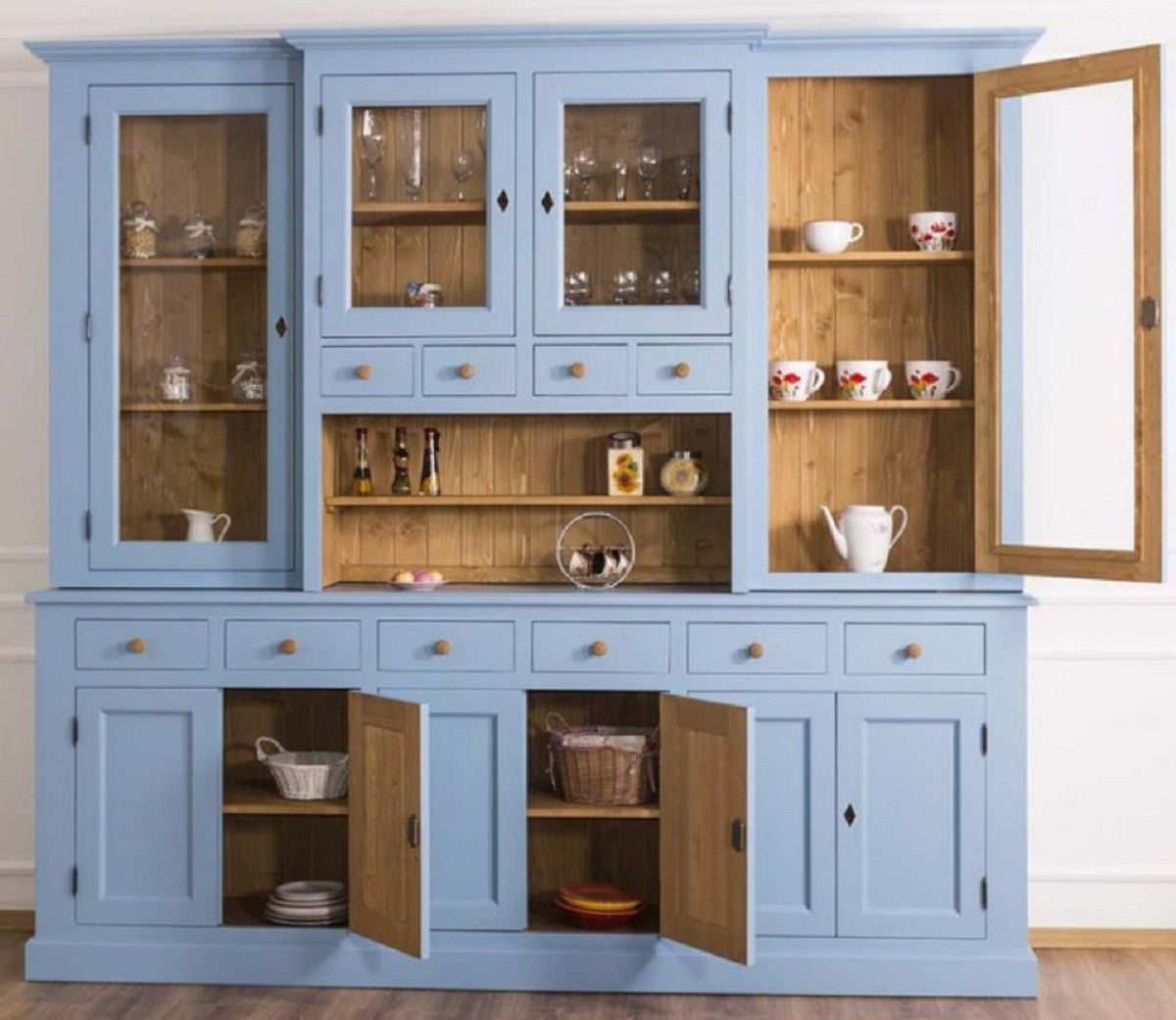 Landhausstil Esszimmerschrank Hellblau / Naturfarben 245 x 47 x H. 225 cm - Massivholz Küchenschrank - Esszimmer Möbel im Landhausstil - Landhausstil Esszimmer Einrichtung