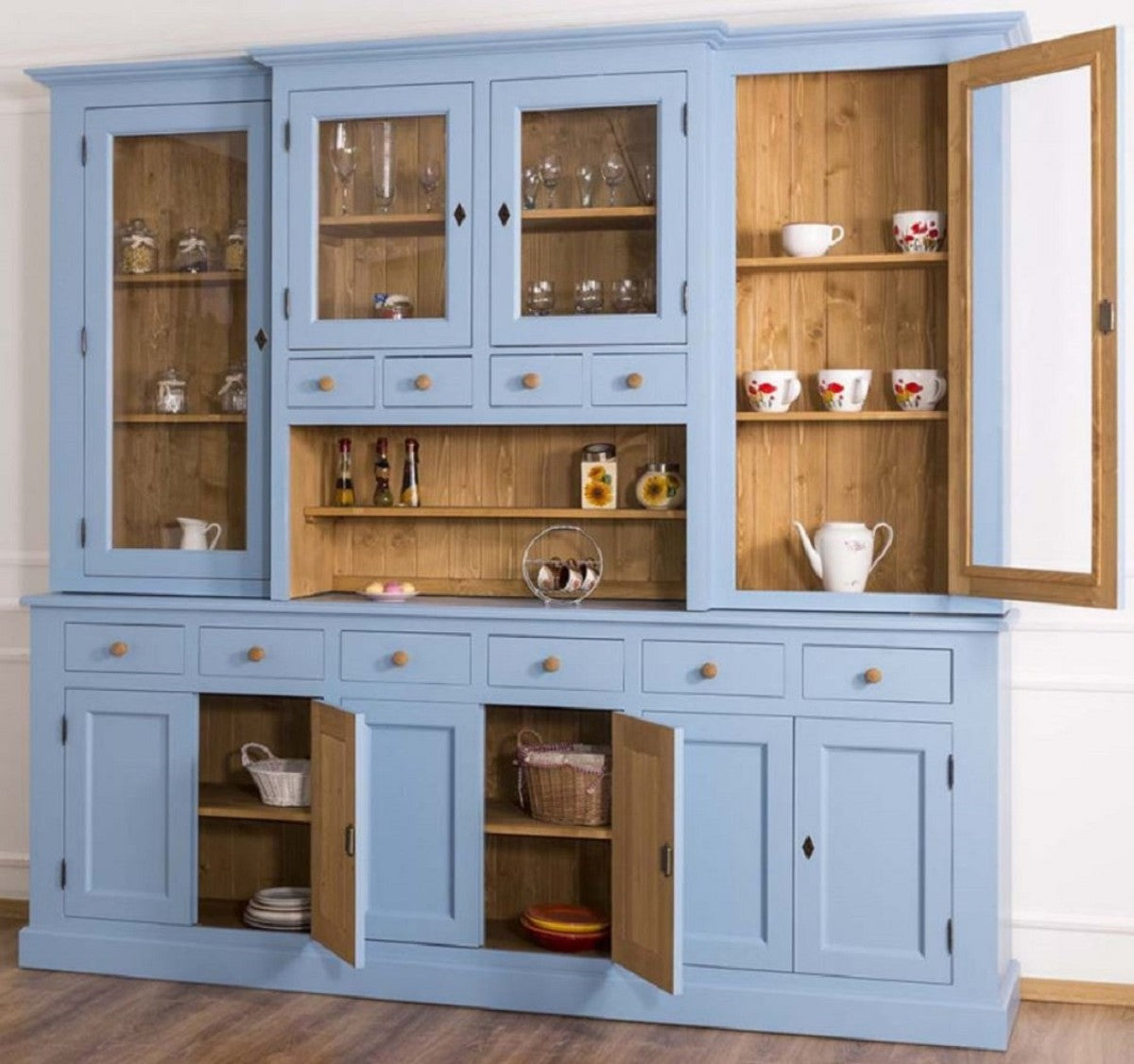Landhausstil Esszimmerschrank Hellblau / Naturfarben 245 x 47 x H. 225 cm - Massivholz Küchenschrank - Esszimmer Möbel im Landhausstil - Landhausstil Esszimmer Einrichtung