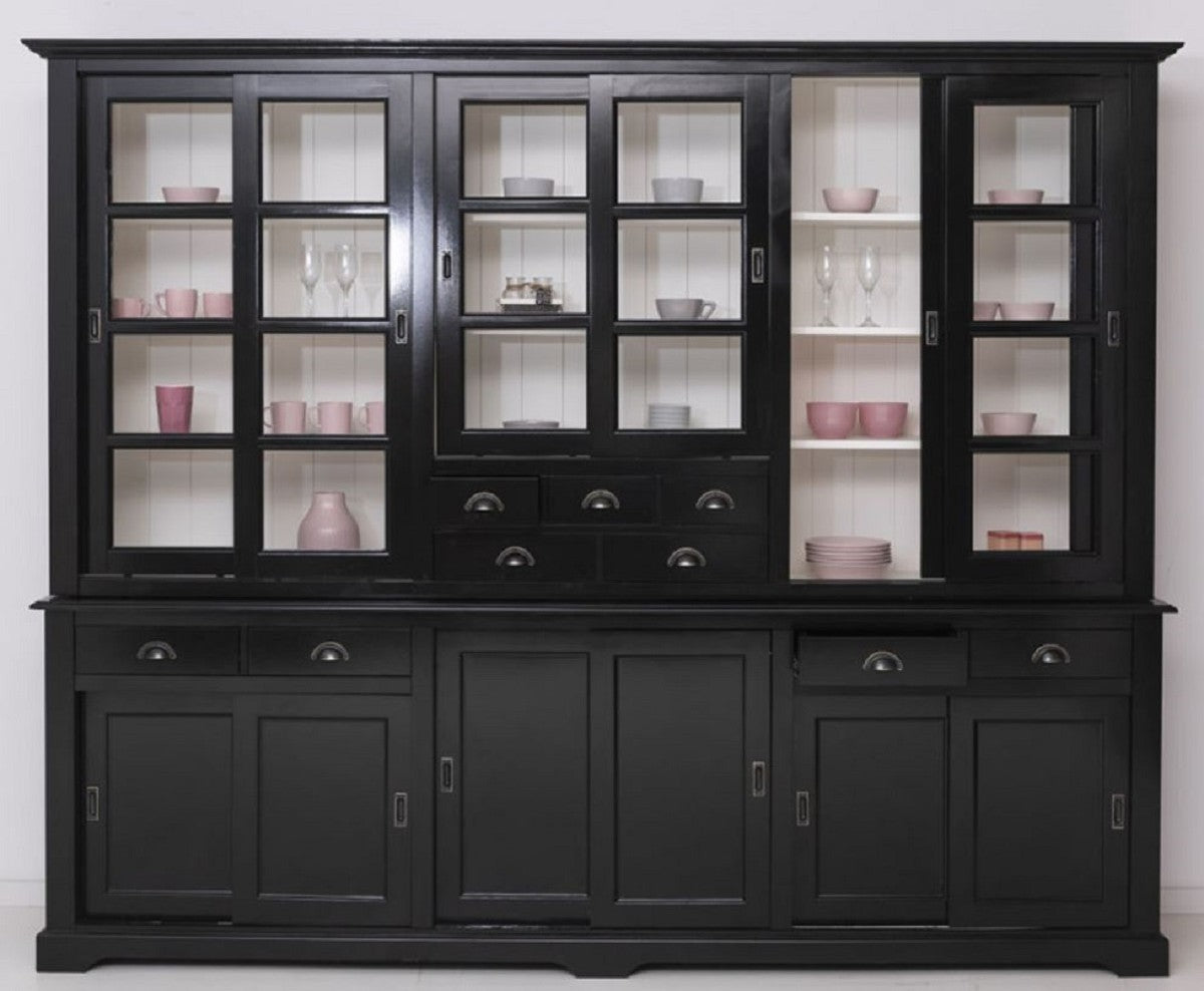 Landhausstil Esszimmerschrank Schwarz / Weiß 280 x 55 x H. 225 cm - Massivholz Küchenschrank - Esszimmer Möbel im Landhausstil - Landhausstil Esszimmer Einrichtung