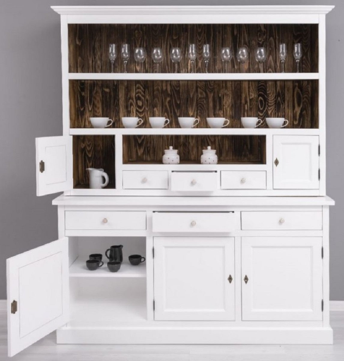 Landhausstil Esszimmerschrank Weiß / Dunkelbraun 179 x 50 x H. 210 cm - Massivholz Küchenschrank - Esszimmer Möbel im Landhausstil - Landhausstil Esszimmer Einrichtung