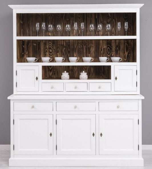 Landhausstil Esszimmerschrank Weiß / Dunkelbraun 179 x 50 x H. 210 cm - Massivholz Küchenschrank - Esszimmer Möbel im Landhausstil - Landhausstil Esszimmer Einrichtung