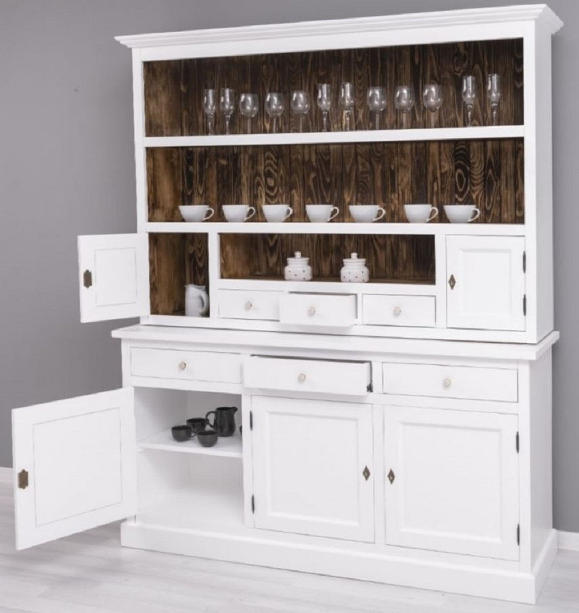 Landhausstil Esszimmerschrank Weiß / Dunkelbraun 179 x 50 x H. 210 cm - Massivholz Küchenschrank - Esszimmer Möbel im Landhausstil - Landhausstil Esszimmer Einrichtung