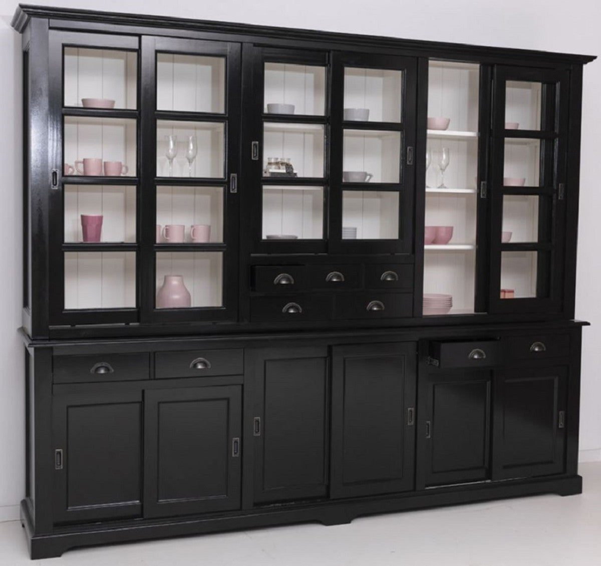 Landhausstil Esszimmerschrank Schwarz / Weiß 280 x 55 x H. 225 cm - Massivholz Küchenschrank - Esszimmer Möbel im Landhausstil - Landhausstil Esszimmer Einrichtung