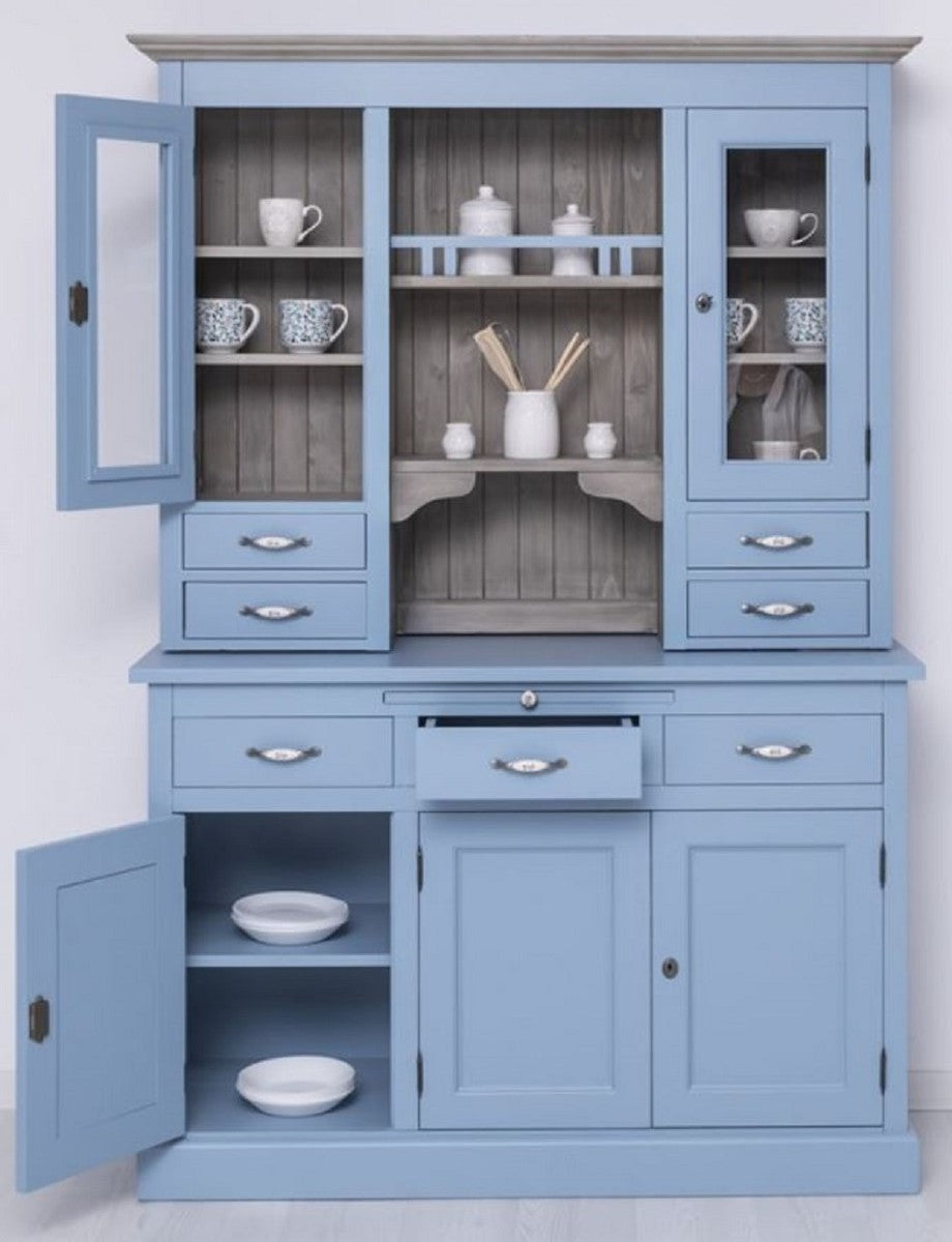 Landhausstil Esszimmerschrank Hellblau / Grau 137 x 50 x H. 197 cm - Massivholz Küchenschrank - Esszimmer Möbel im Landhausstil - Landhausstil Esszimmer Einrichtung