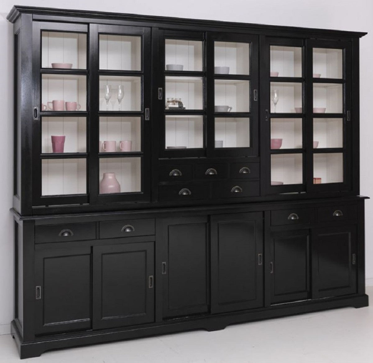 Landhausstil Esszimmerschrank Schwarz / Weiß 280 x 55 x H. 225 cm - Massivholz Küchenschrank - Esszimmer Möbel im Landhausstil - Landhausstil Esszimmer Einrichtung