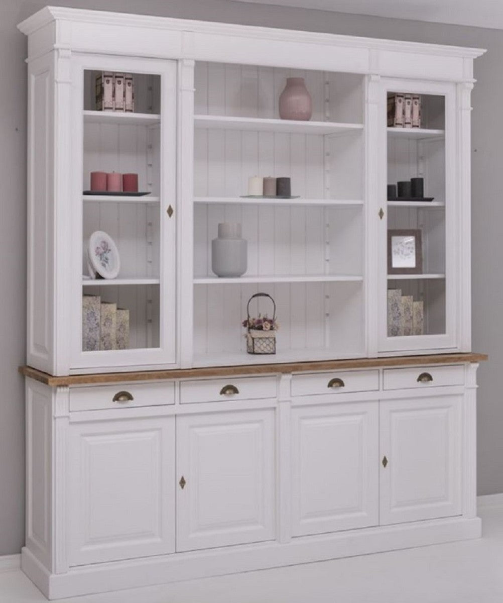 Landhausstil Esszimmerschrank Weiß / Braun 223 x 51 x H. 240 cm - Massivholz Schrank - Küchenschrank - Landhausstil Esszimmer Möbel