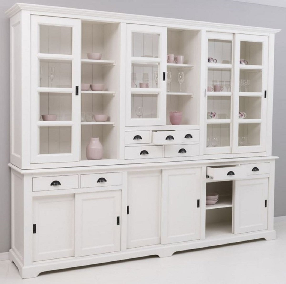 Landhausstil Esszimmerschrank Weiß 280 x 55 x H. 225 cm - Massivholz Küchenschrank - Esszimmer Möbel im Landhausstil - Landhausstil Esszimmer Einrichtung