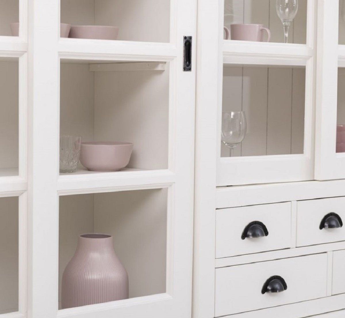 Landhausstil Esszimmerschrank Weiß 280 x 55 x H. 225 cm - Massivholz Küchenschrank - Esszimmer Möbel im Landhausstil - Landhausstil Esszimmer Einrichtung