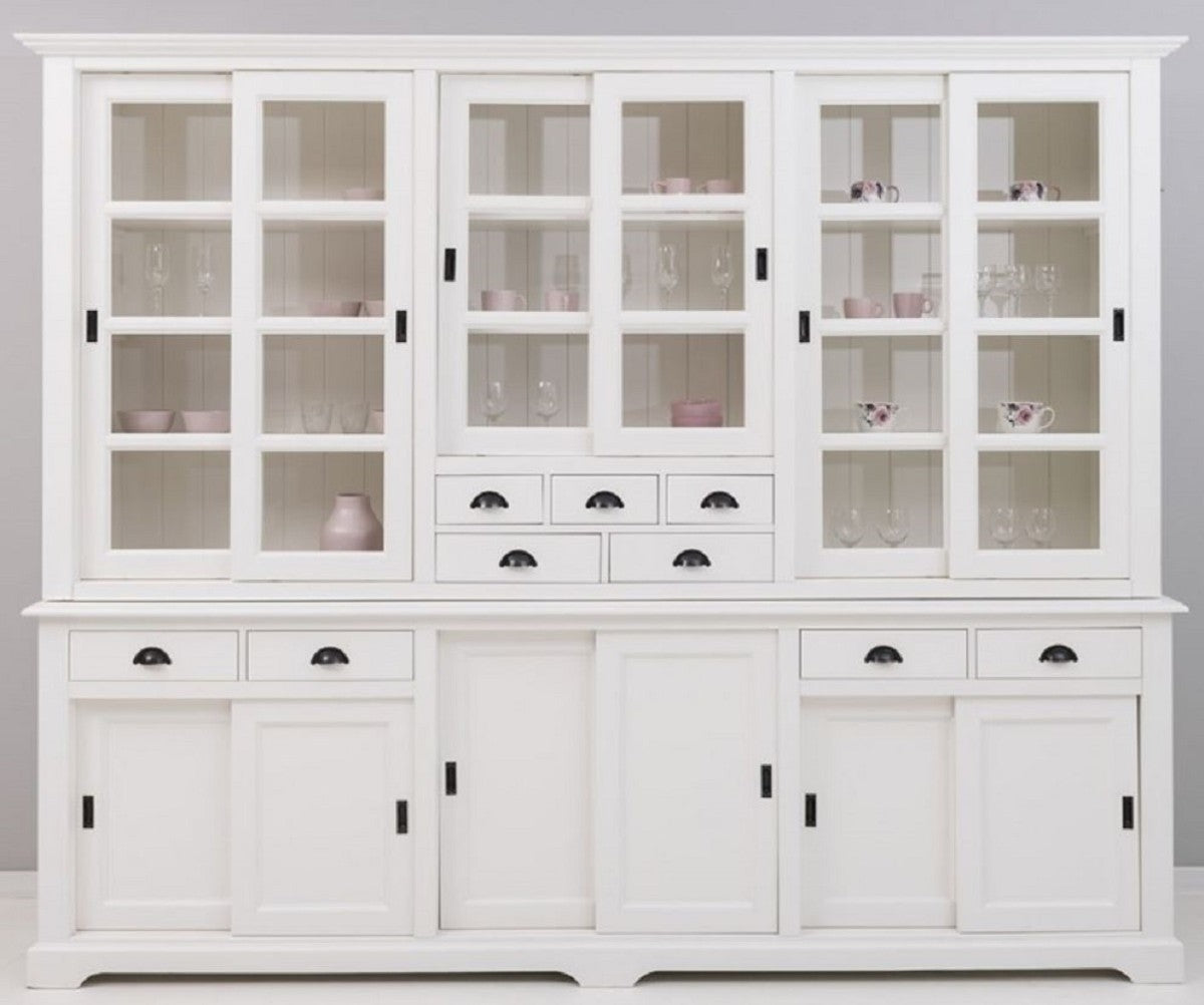 Landhausstil Esszimmerschrank Weiß 280 x 55 x H. 225 cm - Massivholz Küchenschrank - Esszimmer Möbel im Landhausstil - Landhausstil Esszimmer Einrichtung