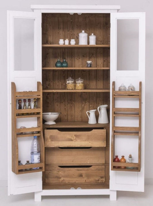 Landhausstil Esszimmerschrank Weiß / Naturfarben 96 x 65 x H. 220 cm - Massivholz Küchenschrank mit 2 Türen - Esszimmer Möbel im Landhausstil - Landhausstil Esszimmer Einrichtung