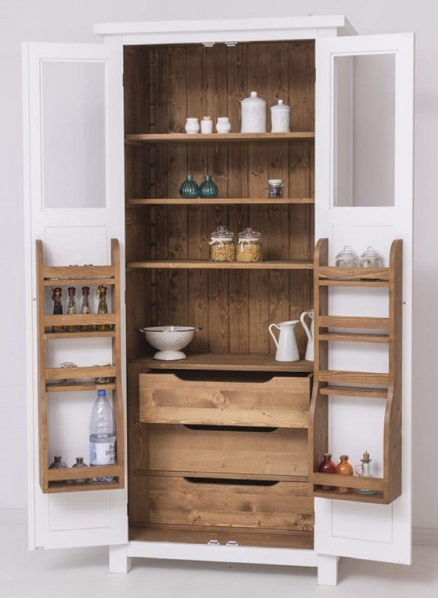 Landhausstil Esszimmerschrank Weiß / Naturfarben 96 x 65 x H. 220 cm - Massivholz Küchenschrank mit 2 Türen - Esszimmer Möbel im Landhausstil - Landhausstil Esszimmer Einrichtung