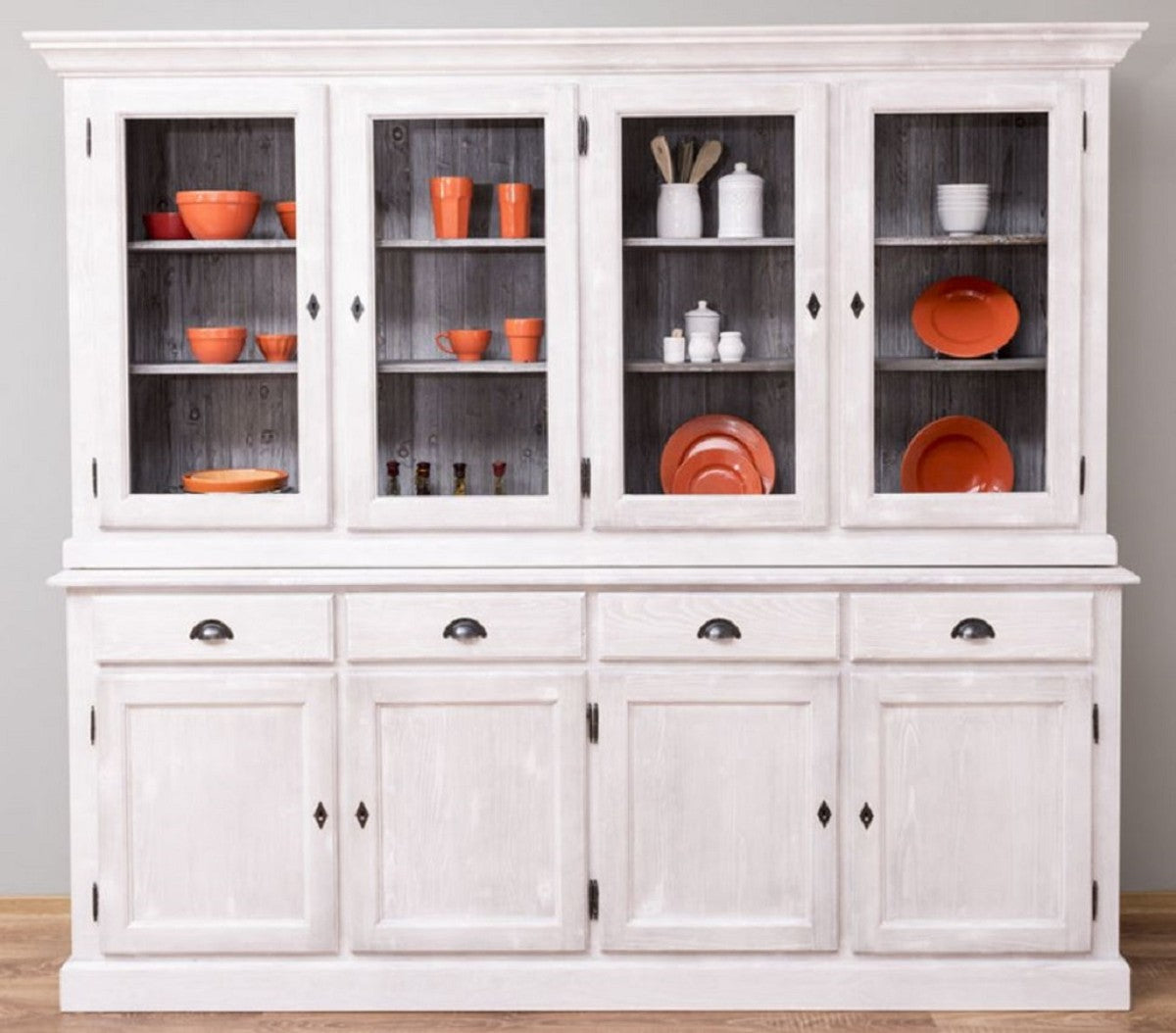 Landhausstil Esszimmerschrank Hellgrau / Grau 230 x 45 x H. 200 cm - Massivholz Küchenschrank - Esszimmer Möbel im Landhausstil - Landhausstil Esszimmer Einrichtung