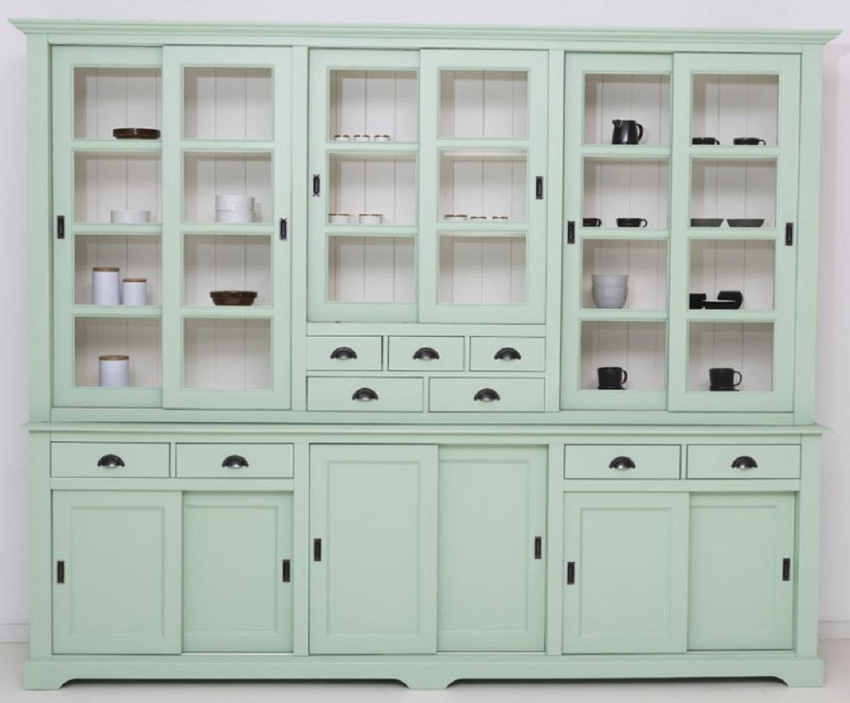 Landhausstil Esszimmerschrank Mintgrün / Weiß 280 x 55 x H. 225 cm - Massivholz Küchenschrank - Esszimmer Möbel im Landhausstil - Landhausstil Esszimmer Einrichtung