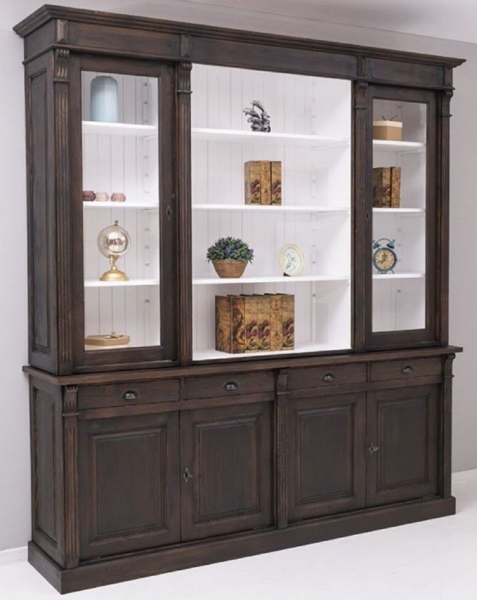 Landhausstil Esszimmerschrank Dunkelbraun / Weiß 223 x 51 x H. 240 cm - Massivholz Schrank - Küchenschrank - Landhausstil Esszimmer Möbel