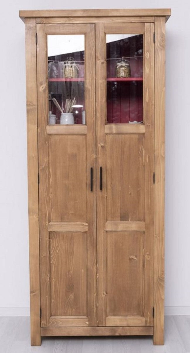 Landhausstil Esszimmerschrank Naturfarben / Rot 96 x 65 x H. 220 cm - Massivholz Küchenschrank mit 2 Türen - Esszimmer Möbel im Landhausstil - Landhausstil Esszimmer Einrichtung
