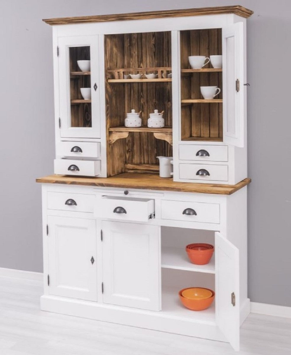 Landhausstil Esszimmerschrank Weiß / Braun 137 x 50 x H. 197 cm - Massivholz Küchenschrank - Esszimmer Möbel im Landhausstil - Landhausstil Esszimmer Einrichtung