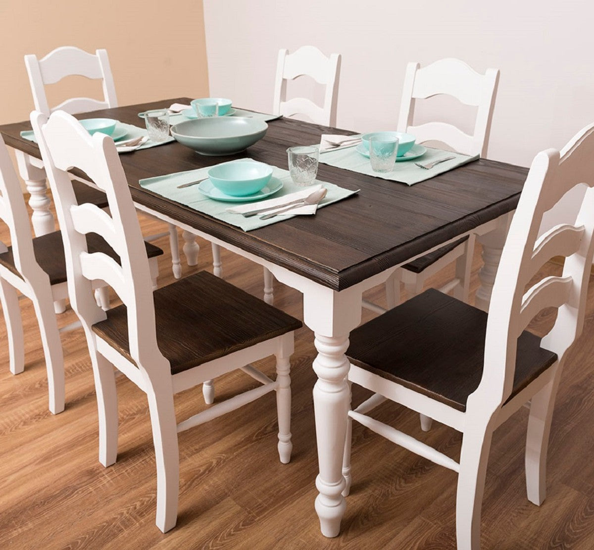 Landhausstil Esszimmerstuhl 6er Weiß / Dunkelbraun 44 x 44 x H. 102 cm - Massivholz Esszimmerstühle im Landhausstil - Massivholz Esszimmer Möbel - Landhausstil Esszimmer Möbel