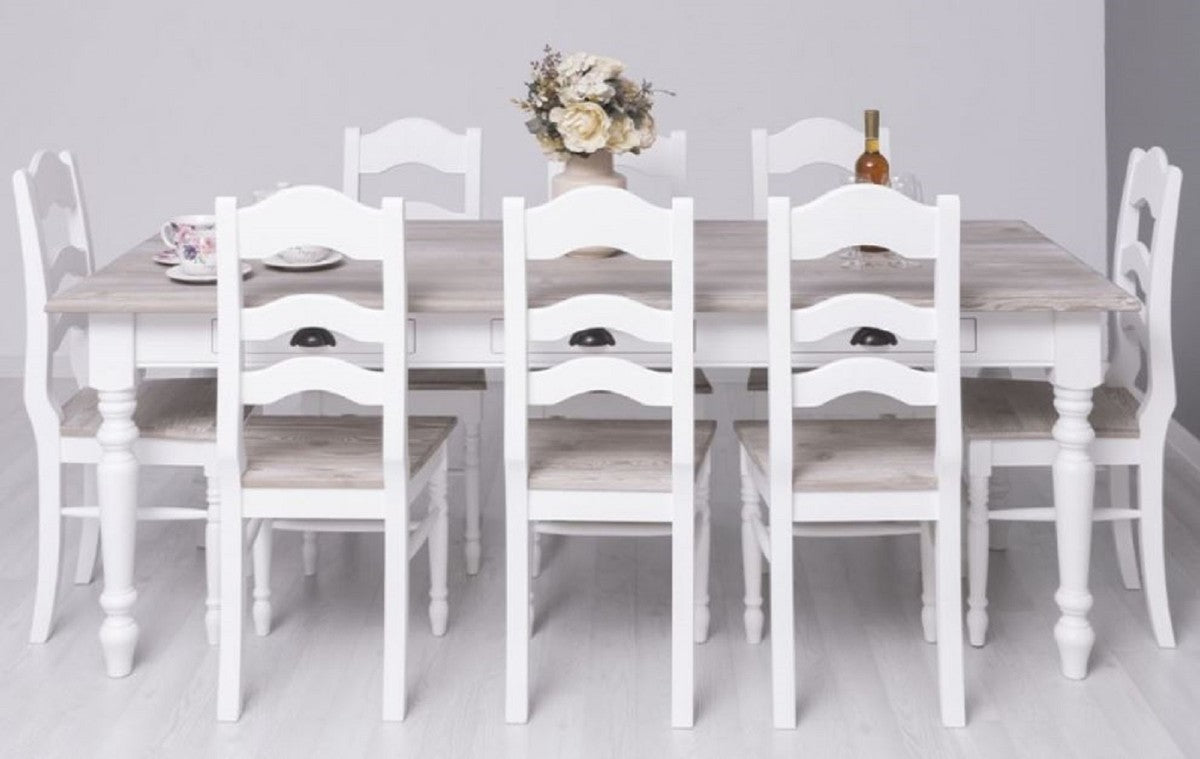 Landhausstil Esszimmerstuhl 8er Weiß / Naturfarben 44 x 44 x H. 102 cm - Massivholz Esszimmerstühle im Landhausstil - Massivholz Esszimmer Möbel - Landhausstil Esszimmer Möbel