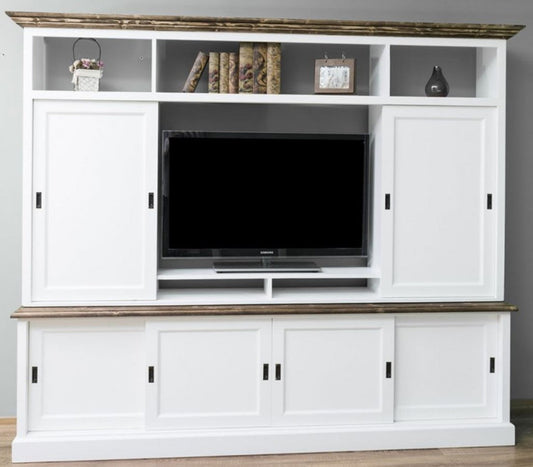 Landhausstil Fernsehschrank mit 6 Schiebetüren Weiß / Braun 254 x 46 x H. 210 cm - Massivholz TV Schrank - Wohnzimmerschrank - Landhausstil Wohnzimmermöbel