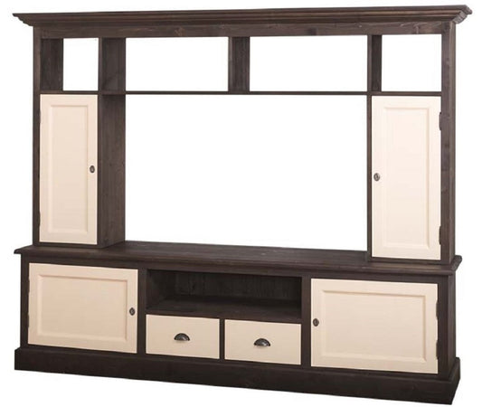 Landhausstil Fernsehschrank Dunkelbraun / Beige 207 x 46 x H. 166 cm - Massivholz TV Schrank - Wohnzimmerschrank - Landhausstil Wohnzimmermöbel