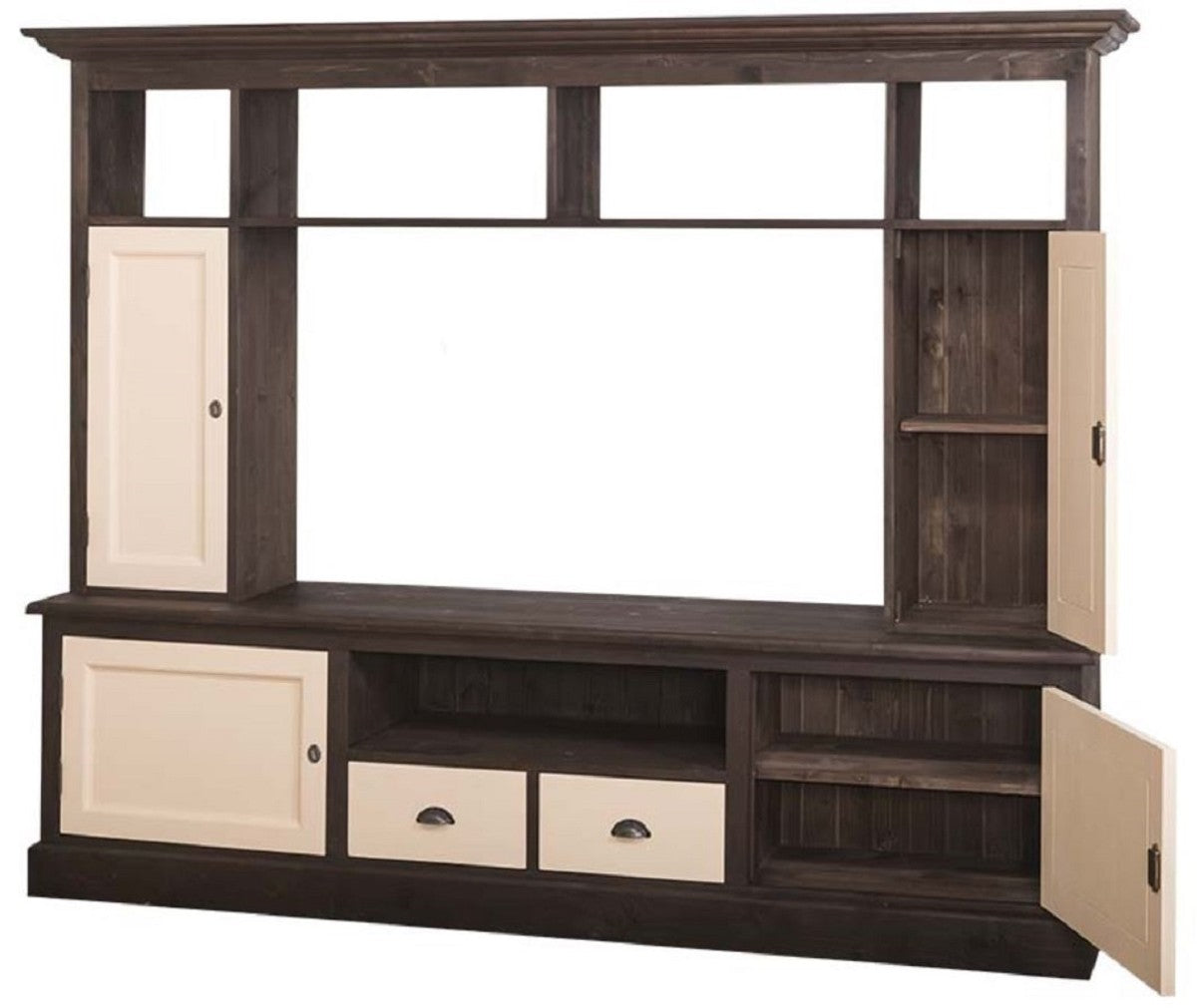 Landhausstil Fernsehschrank Dunkelbraun / Beige 207 x 46 x H. 166 cm - Massivholz TV Schrank - Wohnzimmerschrank - Landhausstil Wohnzimmermöbel