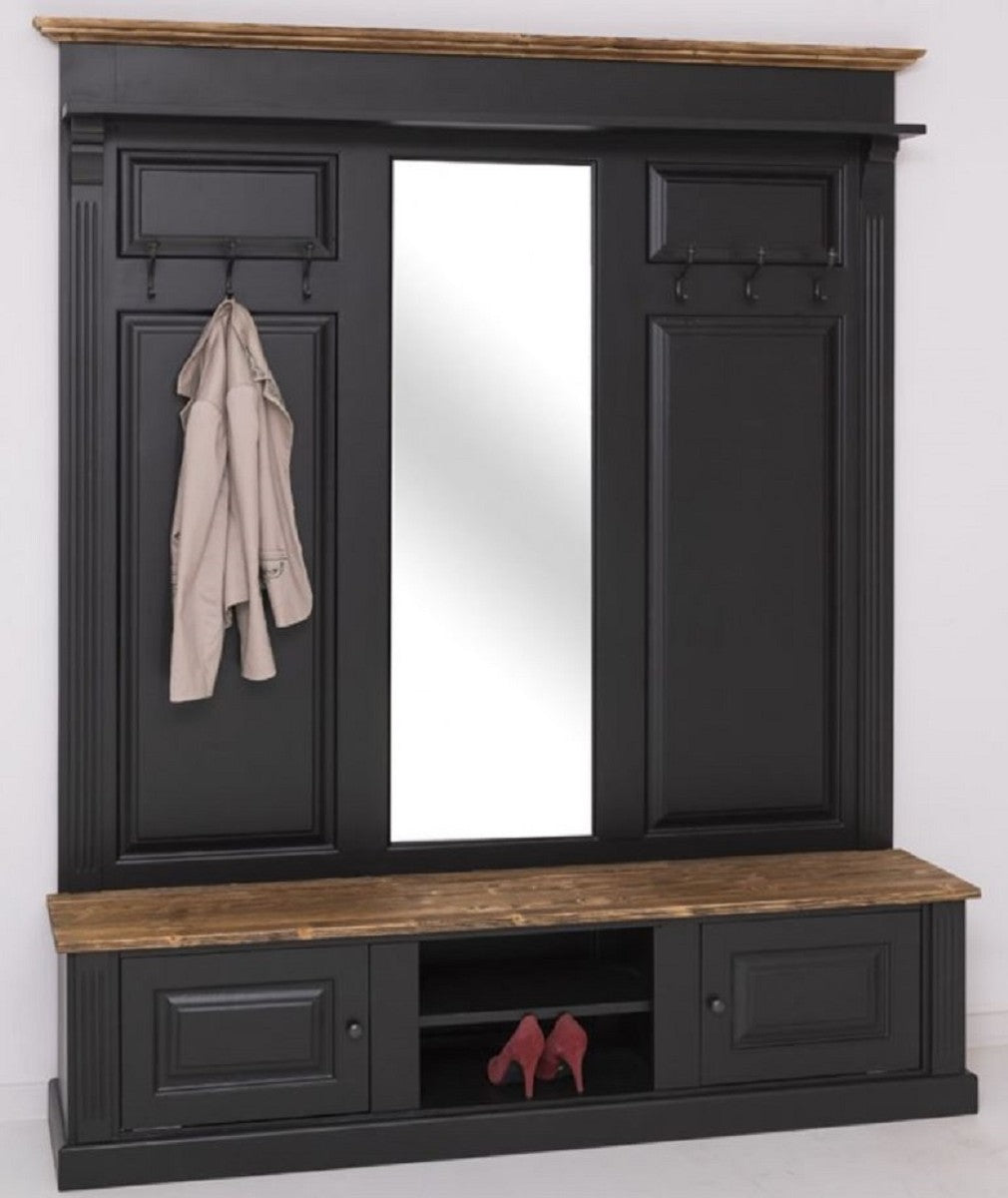 Landhausstil Garderobe Schwarz / Braun 180 x 41 x H. 210 cm - Massivholz Garderobenschrank mit Spiegel - Landhausstil Garderobenmöbel