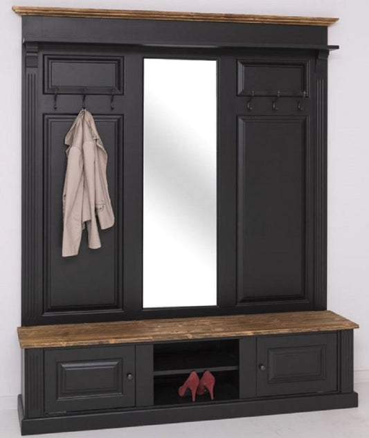 Landhausstil Garderobe Schwarz / Braun 180 x 41 x H. 210 cm - Massivholz Garderobenschrank mit Spiegel - Landhausstil Garderobenmöbel