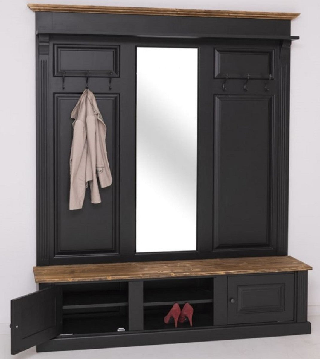 Landhausstil Garderobe Schwarz / Braun 180 x 41 x H. 210 cm - Massivholz Garderobenschrank mit Spiegel - Landhausstil Garderobenmöbel