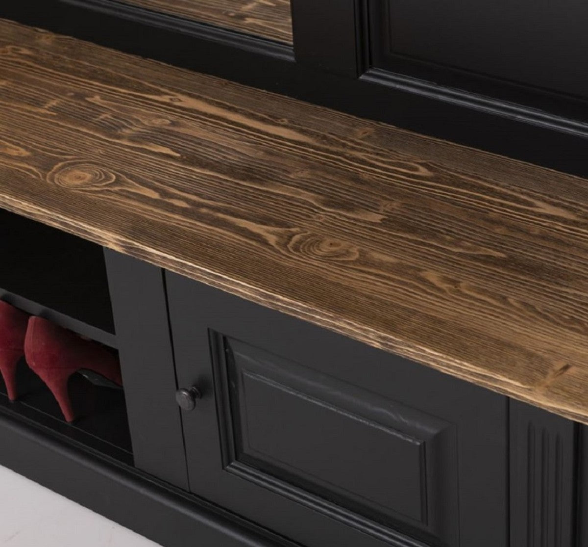 Landhausstil Garderobe Schwarz / Braun 180 x 41 x H. 210 cm - Massivholz Garderobenschrank mit Spiegel - Landhausstil Garderobenmöbel