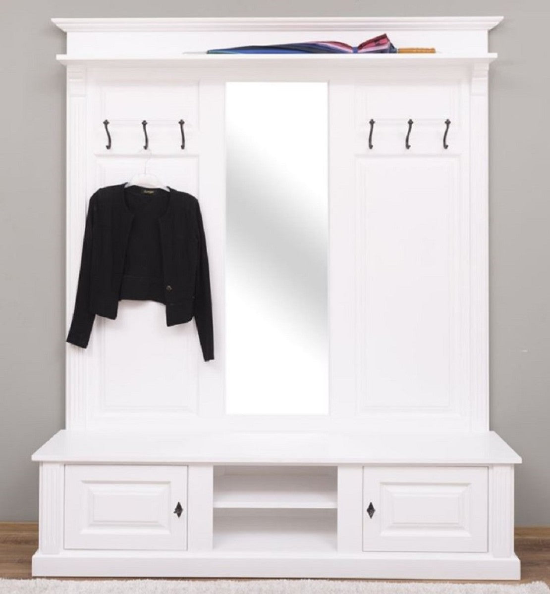 Landhausstil Garderobe Weiß 180 x 41 x H. 210 cm - Massivholz Garderobenschrank mit Spiegel - Massivholz Garderobenmöbel - Landhausstil Garderobenmöbel