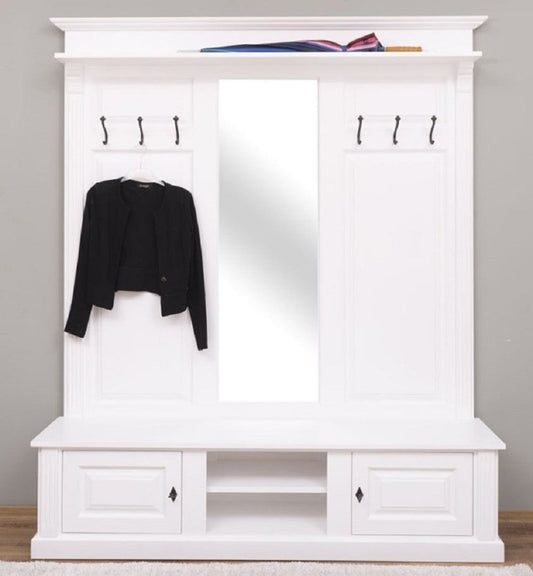Landhausstil Garderobe Weiß 180 x 41 x H. 210 cm - Massivholz Garderobenschrank mit Spiegel - Massivholz Garderobenmöbel - Landhausstil Garderobenmöbel