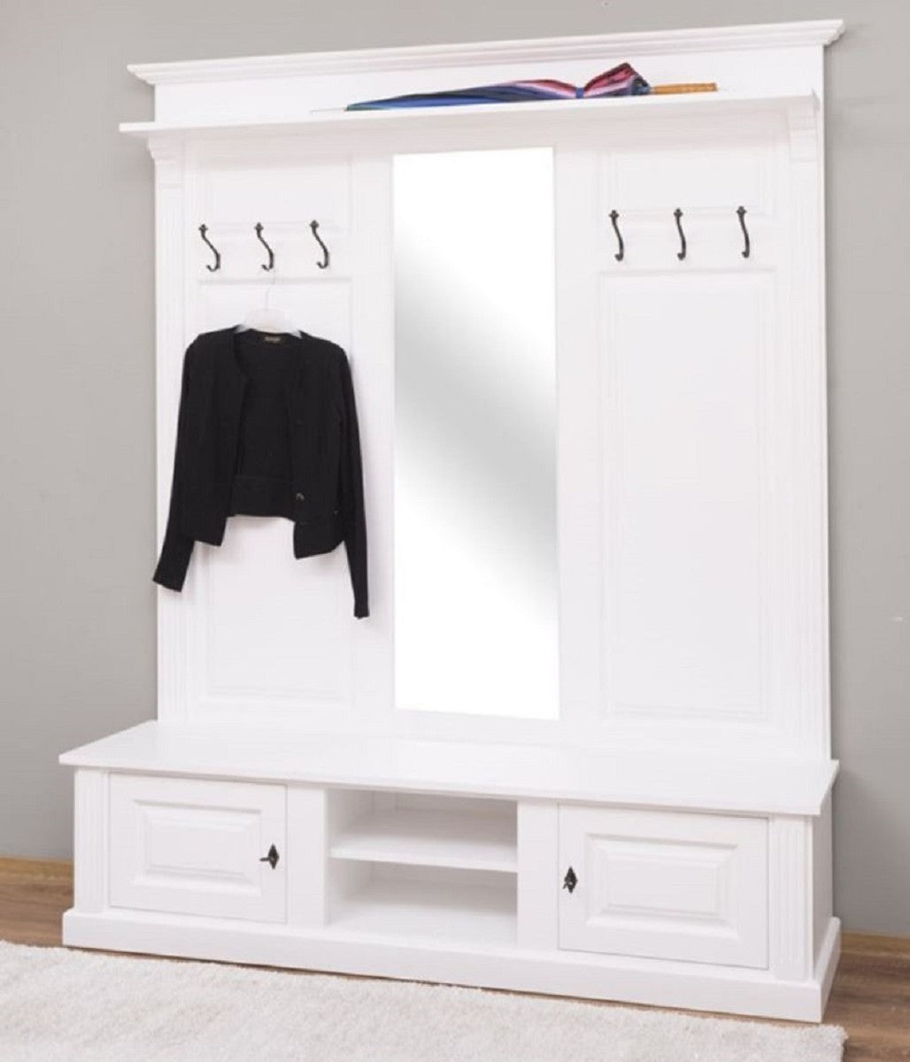 Landhausstil Garderobe Weiß 180 x 41 x H. 210 cm - Massivholz Garderobenschrank mit Spiegel - Massivholz Garderobenmöbel - Landhausstil Garderobenmöbel