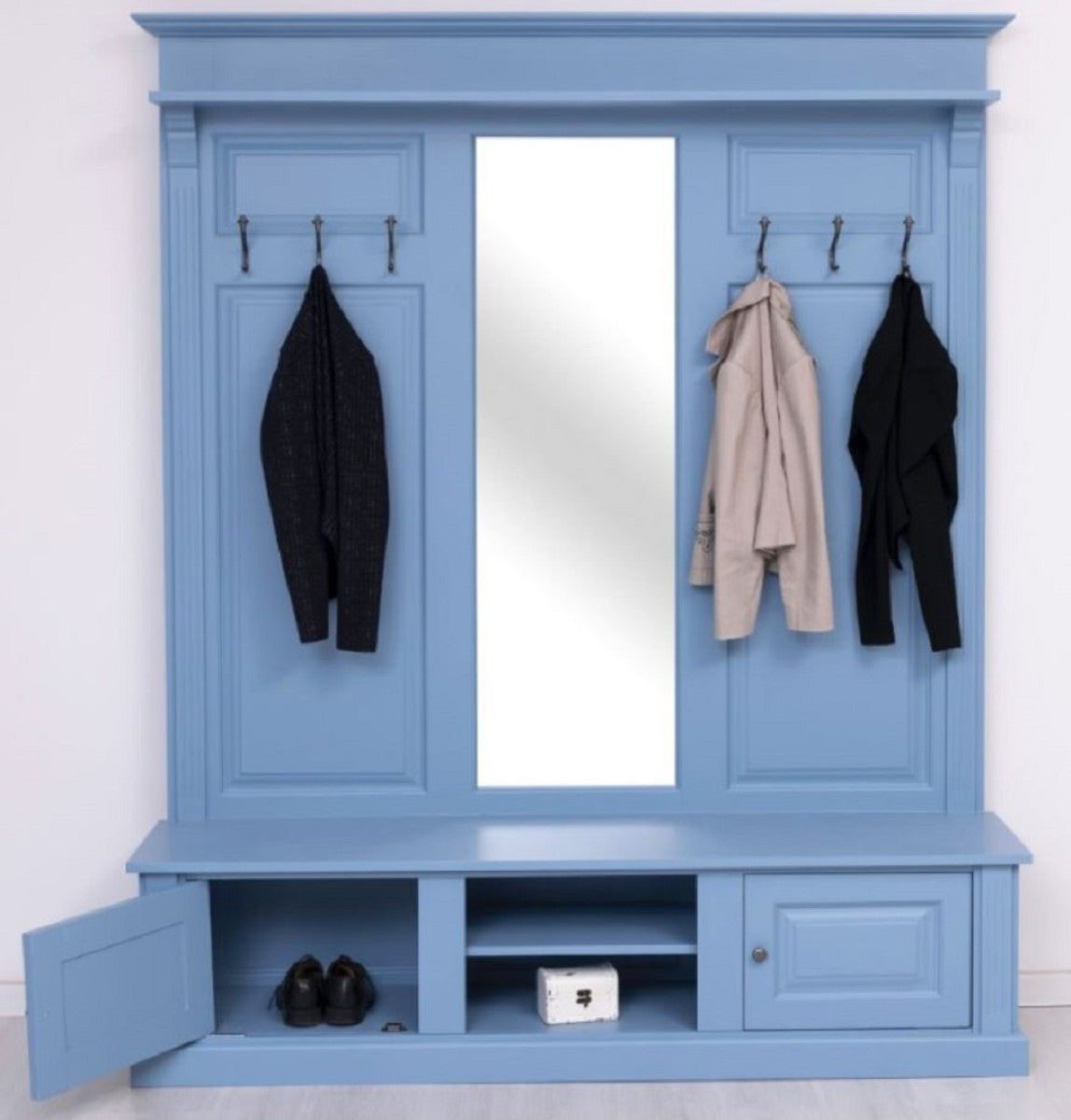 Landhausstil Garderobe Hellblau 180 x 41 x H. 210 cm - Massivholz Garderobenschrank mit Spiegel - Massivholz Garderobenmöbel - Landhausstil Garderobenmöbel